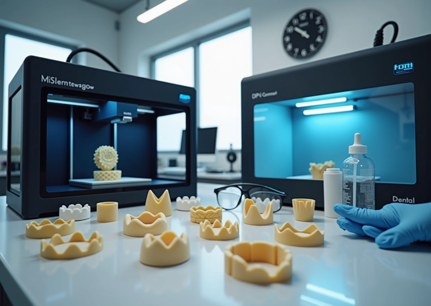 Профессиональная мастерская с фотополимерными 3D‑принтерами, напечатанными ювелирными и стоматологическими образцами, флаконами смолы и оборудованием для постобработки