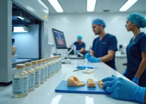 Зуботехническая лаборатория с работающим фотополимерным 3D‑принтером, бутылками биосовместимых смол, УФ‑камерой и зубными моделями