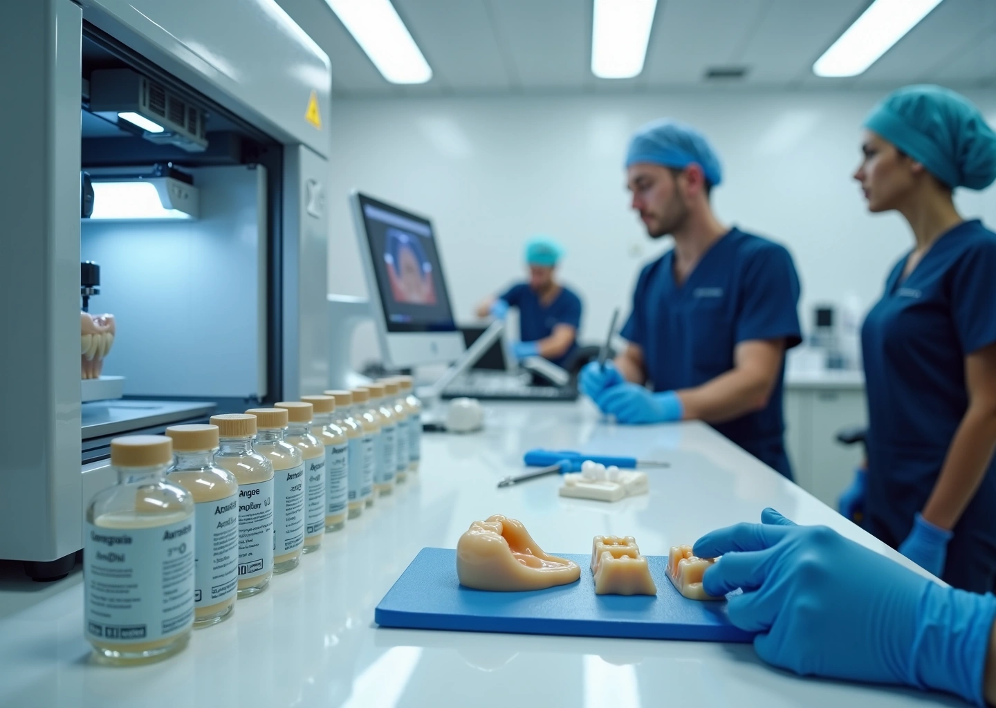 Зуботехническая лаборатория с работающим фотополимерным 3D‑принтером, бутылками биосовместимых смол, УФ‑камерой и зубными моделями