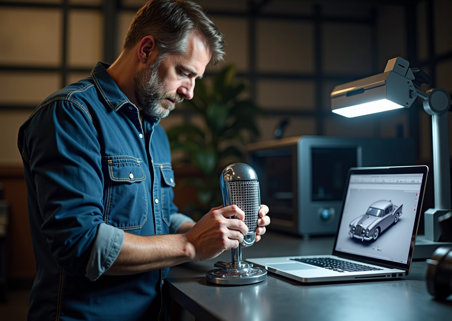 Мастер сканирует ретро‑автомобильную деталь на рабочем столе: на экране ноутбука видна 3D‑сетка, на заднем плане 3D‑принтеры и готовые детали