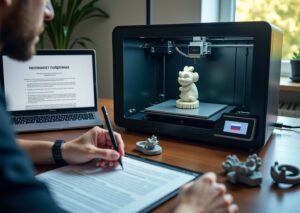 Рабочее место малого бизнеса на 3D‑принтерах: принтер печатает фигурку, на экране ноутбука открыт лицензионный договор, распечатанные детали на столе