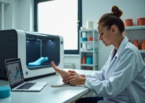 Техник примеряет 3D‑печатную ортопедическую стельку клиенту в мастерской с 3D‑сканом на планшете и промышленным 3D‑принтером на заднем плане