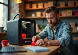 Малое производство на IDEX 3D‑принтере предприниматель осматривает двухцветные напечатанные детали на рабочем столе