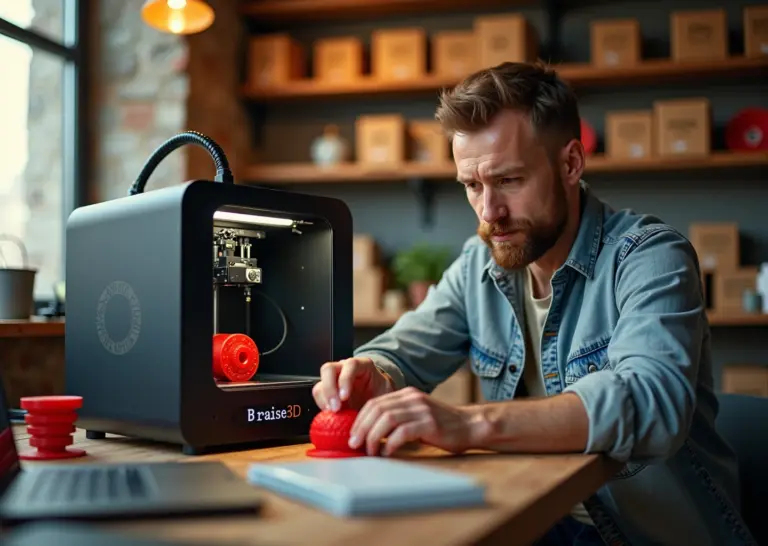 Малое производство на IDEX 3D‑принтере предприниматель осматривает двухцветные напечатанные детали на рабочем столе