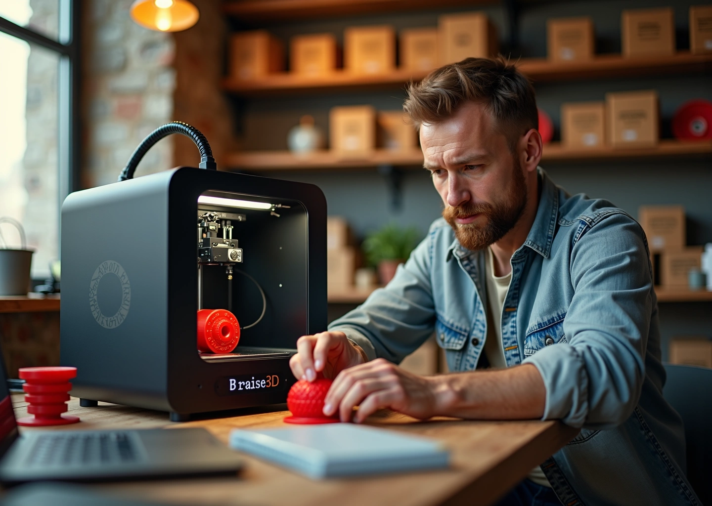 Малое производство на IDEX 3D‑принтере предприниматель осматривает двухцветные напечатанные детали на рабочем столе