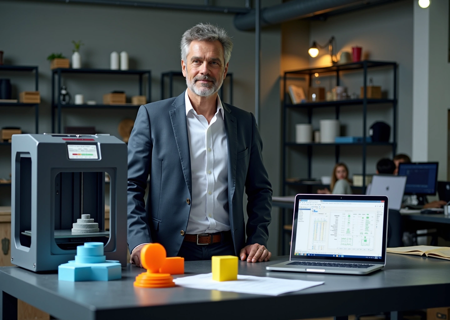 Владелец малого бизнеса у 3D‑принтера с напечатанными деталями, сертификатами и ноутбуком на столе