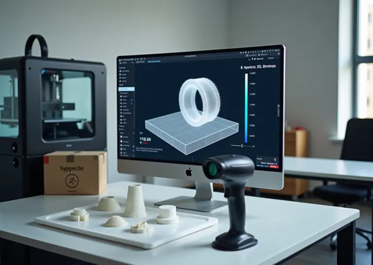 Мастерская малого бизнеса с ручным 3D‑сканером, монитором с облаком точек и двумя 3D‑принтерами, готовые напечатанные детали на столе