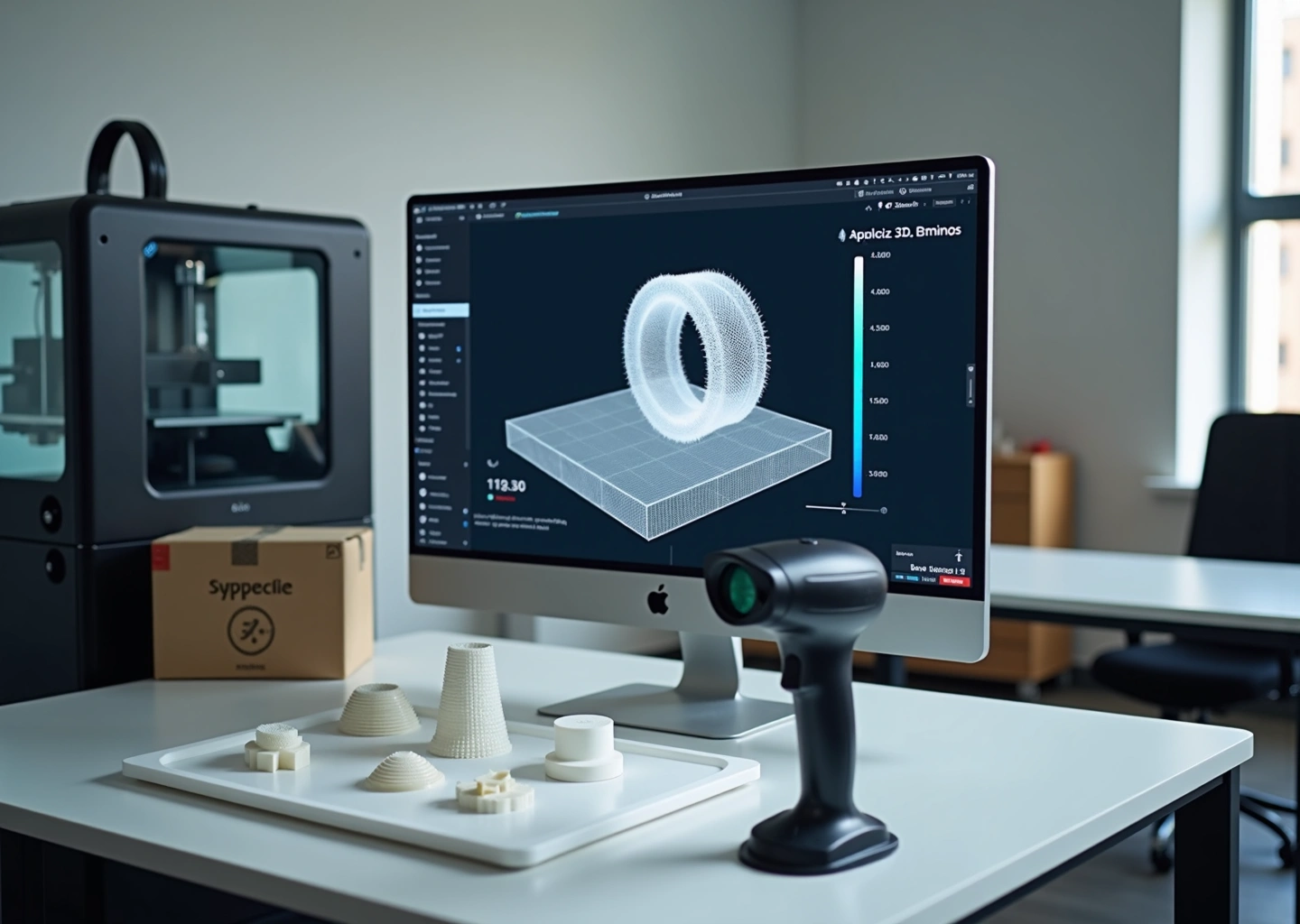 Мастерская малого бизнеса с ручным 3D‑сканером, монитором с облаком точек и двумя 3D‑принтерами, готовые напечатанные детали на столе