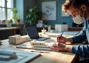 Мастер в студии постобработки аккуратно шлифует деталь архитектурного 3D‑макета рядом с 3D‑принтером и инструментами, готовые макеты на столе на заднем плане