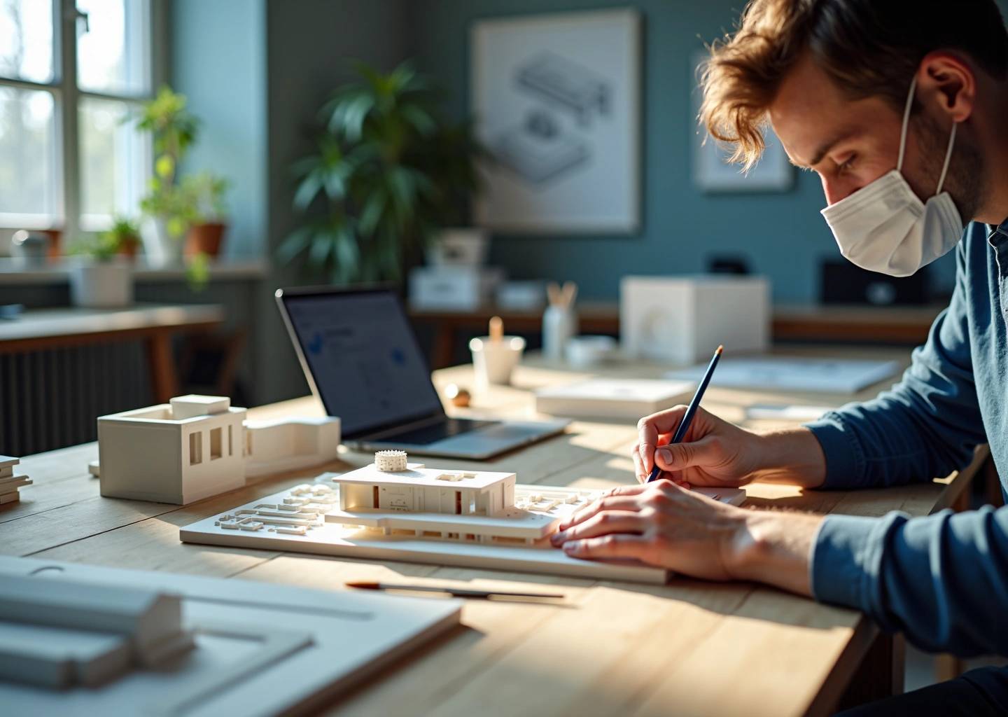 Мастер в студии постобработки аккуратно шлифует деталь архитектурного 3D‑макета рядом с 3D‑принтером и инструментами, готовые макеты на столе на заднем плане