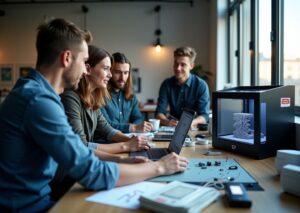 Команда стартапа у 3D‑принтера печатает прототип гаджета: CAD на ноутбуке, готовые корпуса и электронные модули на столе, подготовка к мелкой партии