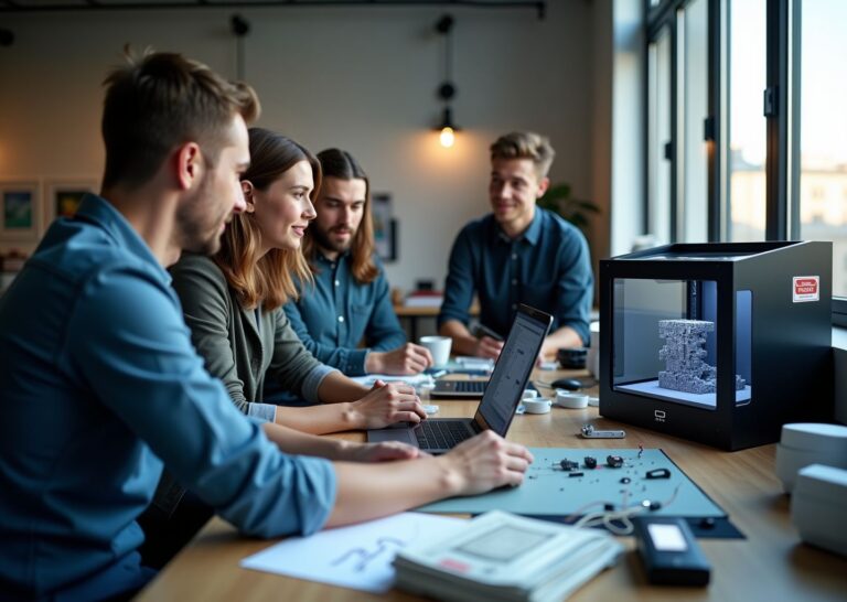 Команда стартапа у 3D‑принтера печатает прототип гаджета: CAD на ноутбуке, готовые корпуса и электронные модули на столе, подготовка к мелкой партии