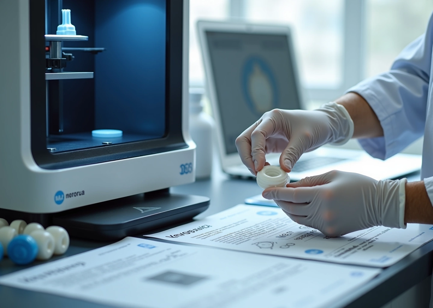 Фотография малой медицинской лаборатории: 3D‑принтер печатает хирургическую направляющую, специалист в перчатках держит протез, на столе бланки с печатями и ноутбук с CAD‑моделью