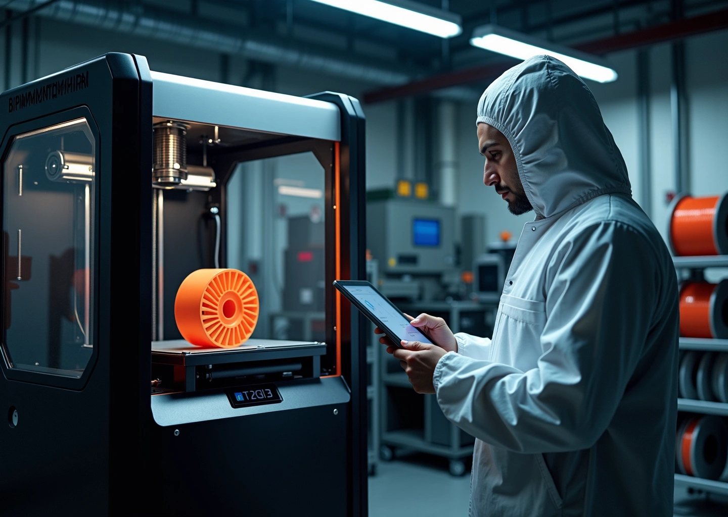 Мастерская с 3D‑принтером для PEEK и ULTEM: печатающаяся функциональная деталь, инженер за планшетом, катушки филамента и сушилки на фоне