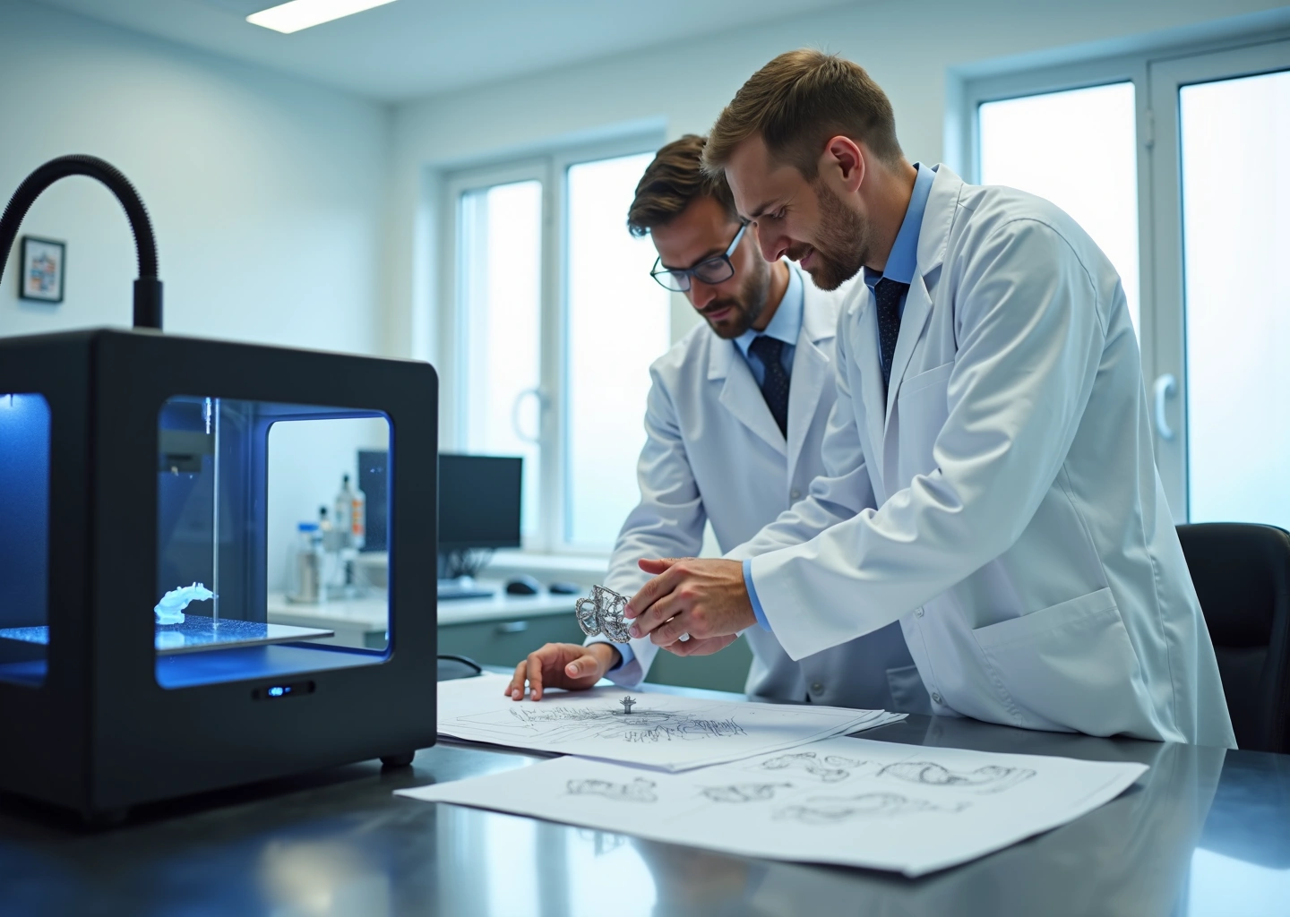 Инженер у 3D‑принтера и врач рассматривают прототип хирургического инструмента в клинике