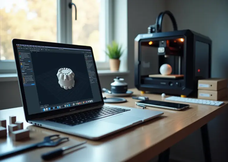 Рабочее место малого бизнеса: ноутбук с Blender, печатающийся 3D‑принтер, инструменты и упаковка для продажи