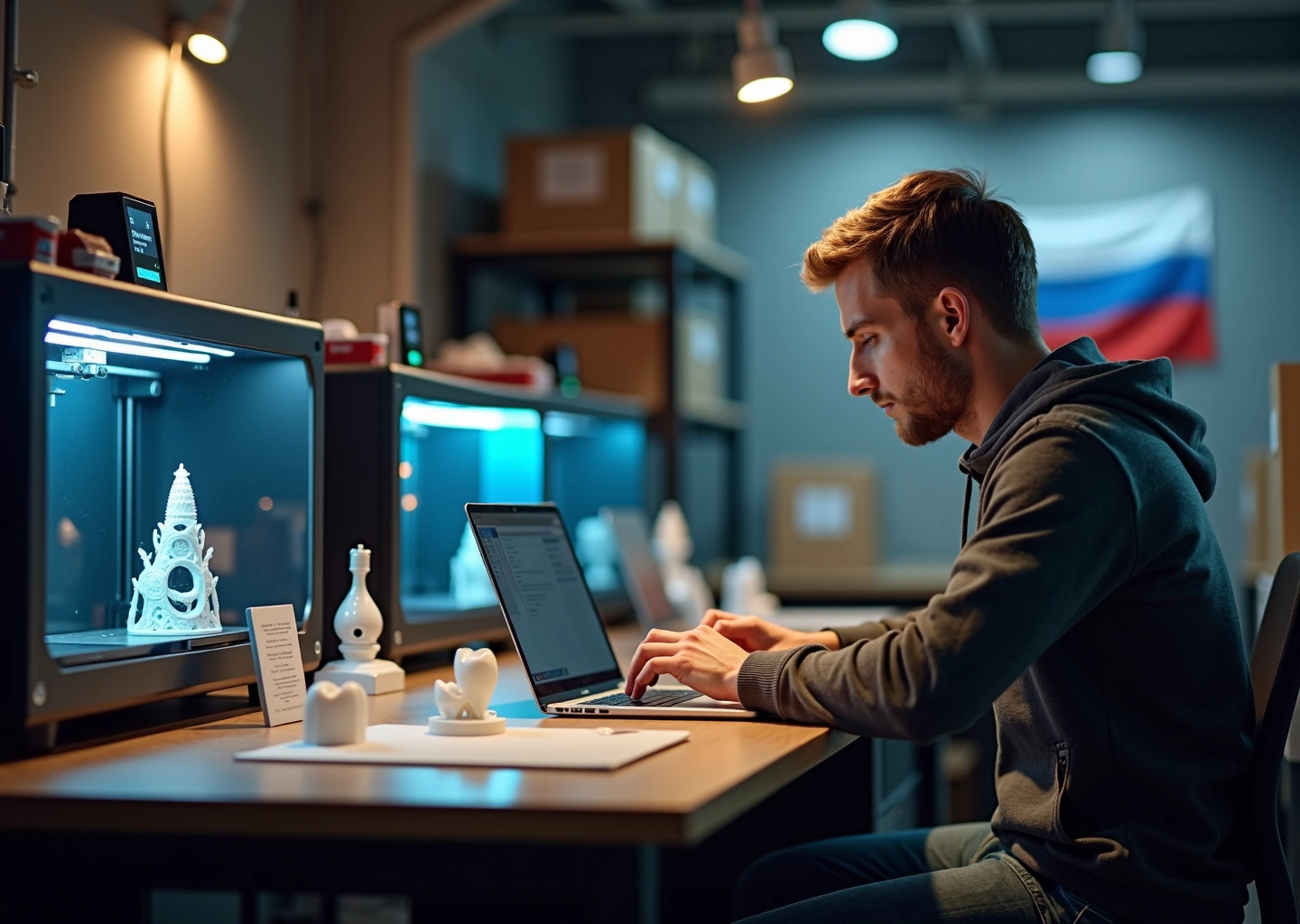 Мастерская малого бизнеса на 3D‑принтерах: принтеры, готовые изделия (стоматологическая модель, запчасть, украшение), предприниматель с ноутбуком