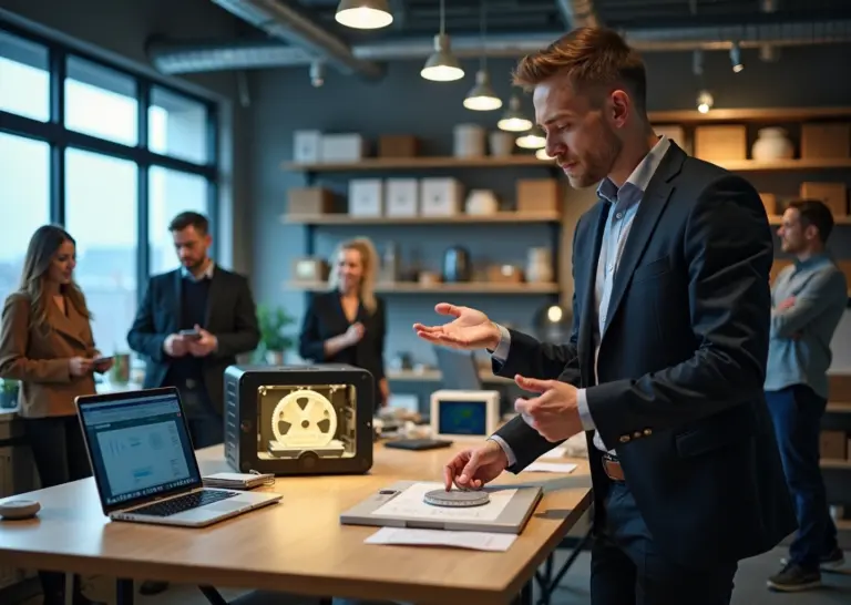 Инженер показывает стартап‑команде 3D‑напечатанный прототип в мастерской с принтерами и инструментами для постобработки