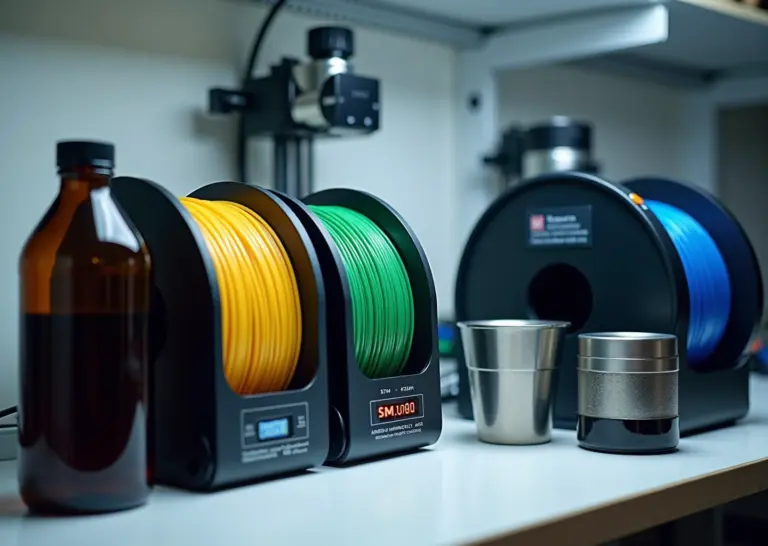 Мастерская по 3D‑печати: шпули филамента в вакуумных пакетах, сушильный шкаф, тёмные бутыли фотополимера и принтер на заднем плане