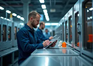 Интерьер 3D‑печатной фермы: ряды принтеров, оператор с планшетом, автоматизированная постобработка