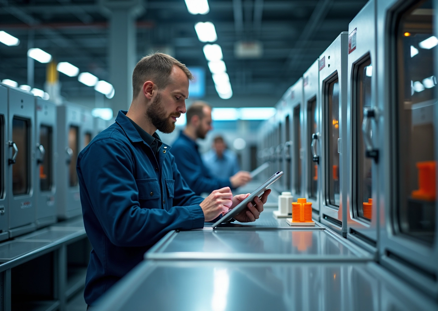 Интерьер 3D‑печатной фермы: ряды принтеров, оператор с планшетом, автоматизированная постобработка