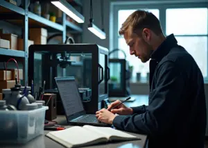 Мастер обслуживает 3D‑принтер в небольшой мастерской с набором запасных частей и журналом обслуживания