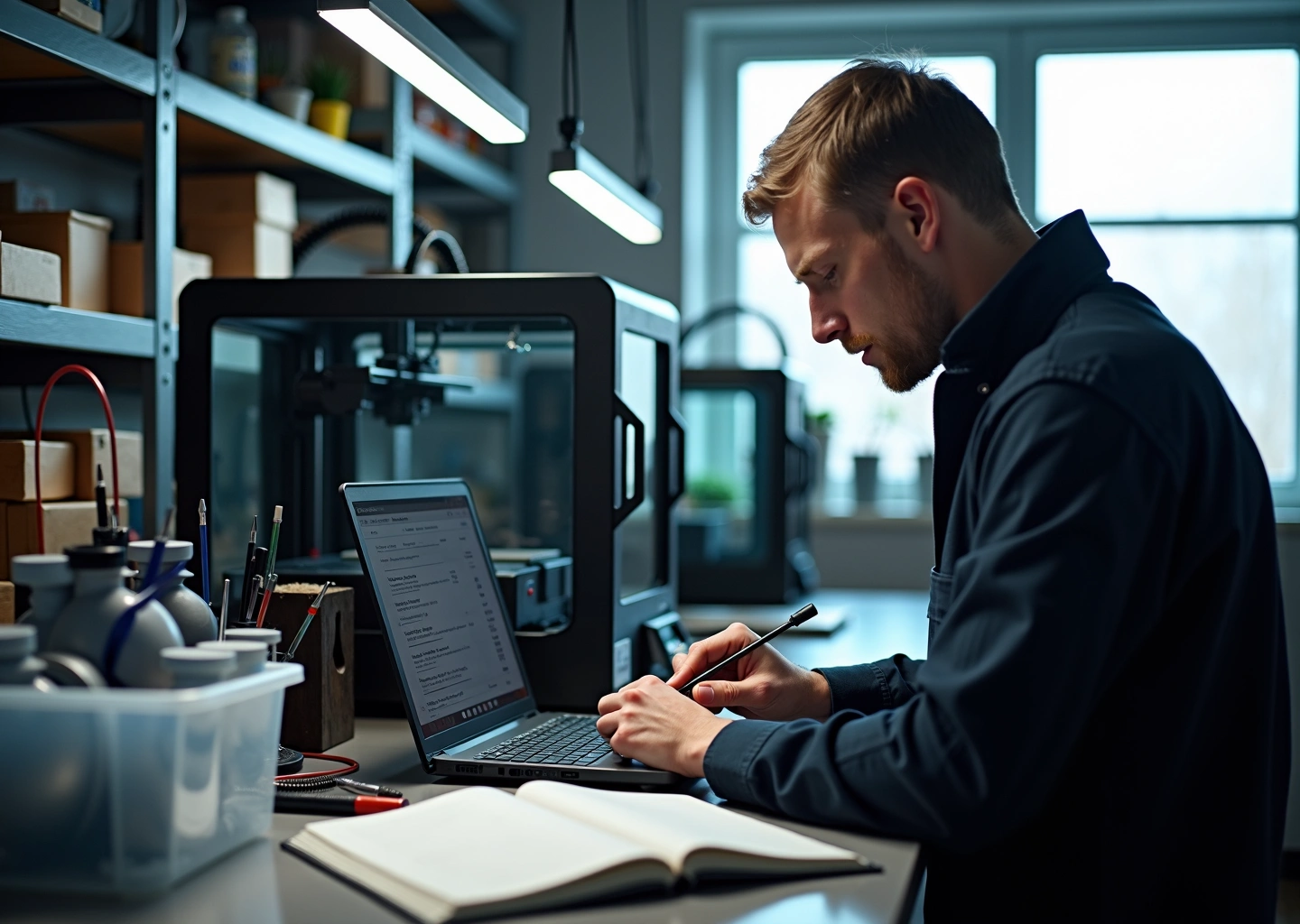 Мастер обслуживает 3D‑принтер в небольшой мастерской с набором запасных частей и журналом обслуживания