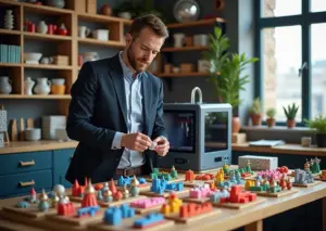 Мастерская с 3D‑принтерами и набранными кастомными сувенирами на столе