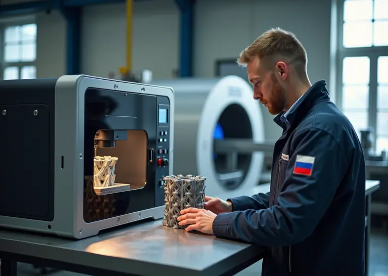 Малый цех по 3D‑печати металлом: принтер печатает деталь, предприниматель осматривает готовую металлическую деталь на рабочем столе, видна постобработка и оборудование контроля качества.