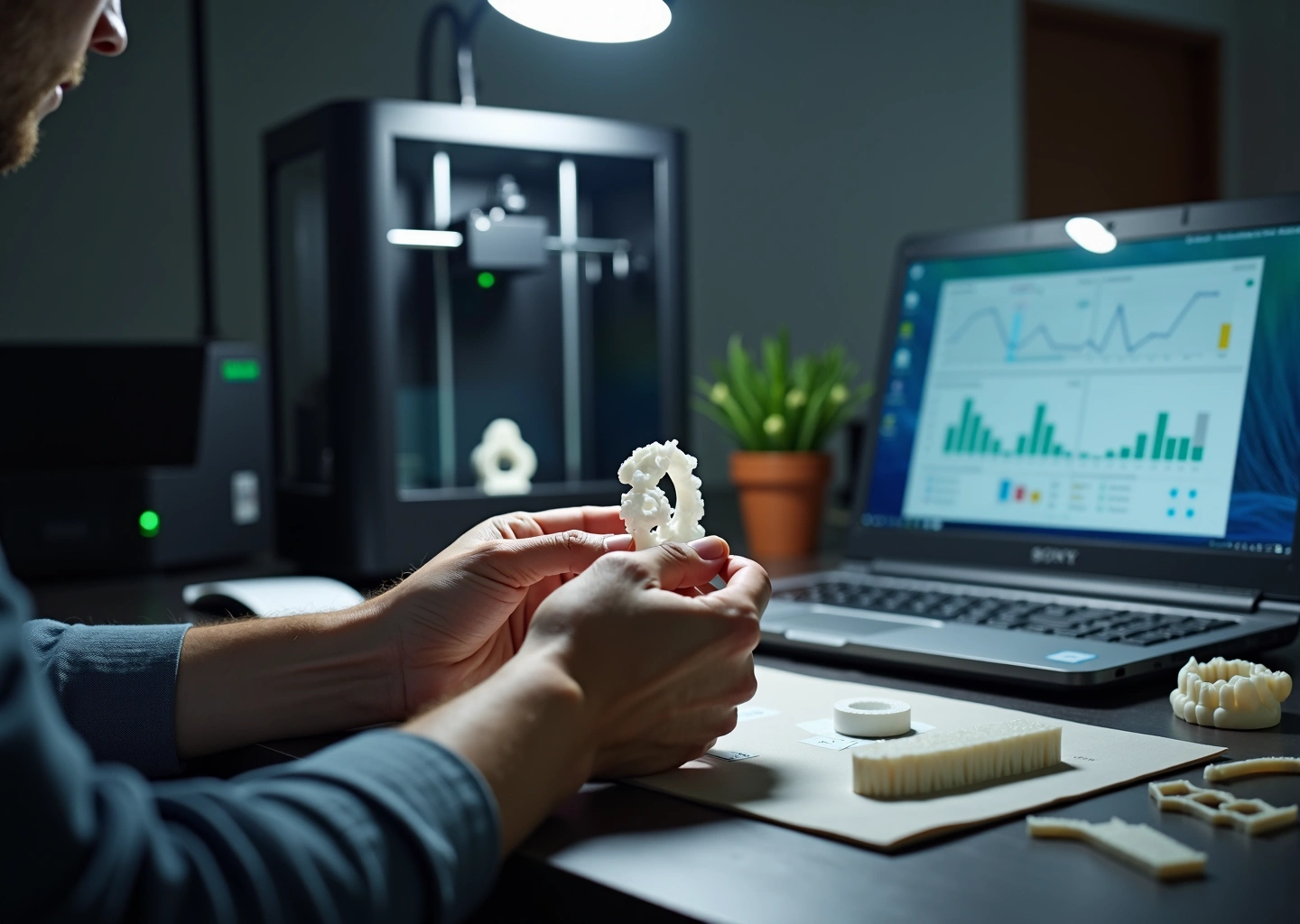 Рабочее пространство малого бизнеса на 3D‑принтерах: принтеры, напечатанные образцы, ноутбук с бизнес‑планом и чек‑лист