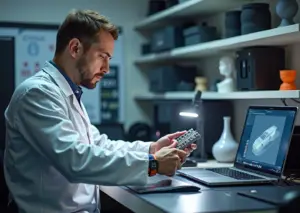 Техник в малой 3D‑студии сканирует деталь с помощью переносного 3D‑сканера; на заднем плане работают 3D‑принтеры и видна модель на экране ноутбука