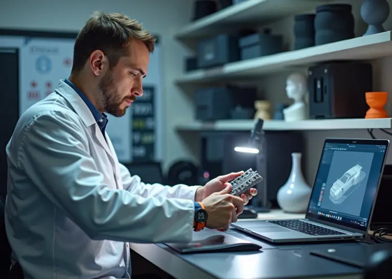 Техник в малой 3D‑студии сканирует деталь с помощью переносного 3D‑сканера; на заднем плане работают 3D‑принтеры и видна модель на экране ноутбука