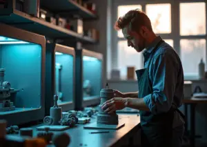 Мастерская малого бизнеса с 3D‑принтерами, напечатанными деталями на столе и металлической формой рядом, предприниматель проверяет детали