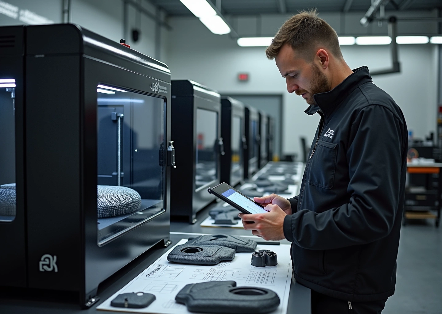 Мастерская с 3D‑принтером, печатающим автомобильный бампер; готовые детали и инженер с планшетом на фоне