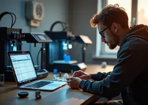 Небольшая мастерская 3D‑печати: принтеры, готовые детали, ноутбук с расчётами и человек проверяющий изделие