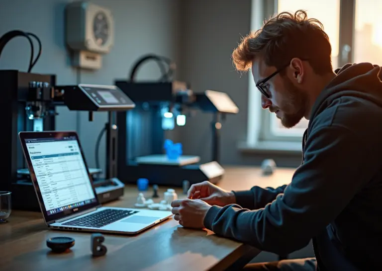 Небольшая мастерская 3D‑печати: принтеры, готовые детали, ноутбук с расчётами и человек проверяющий изделие