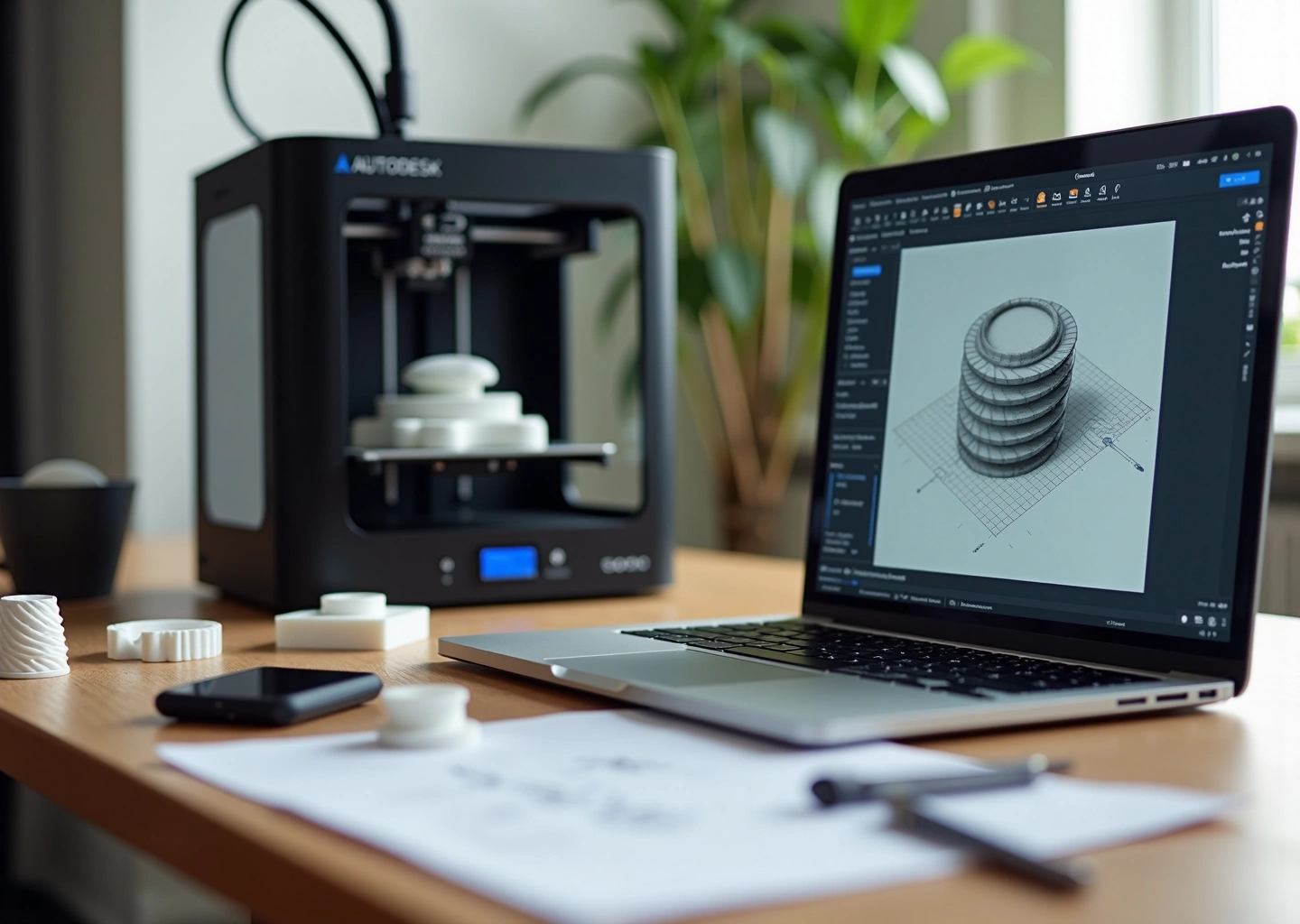 Рабочее место предпринимателя: ноутбук с открытым Fusion 360, печатающий FDM‑принтер и готовые 3D‑детали на столе