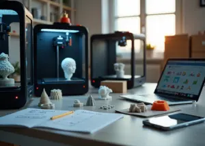 Интерьер студии 3D‑печати: принтеры, напечатанные детали, ноутбук с соцсетями и заметки с контент‑планом