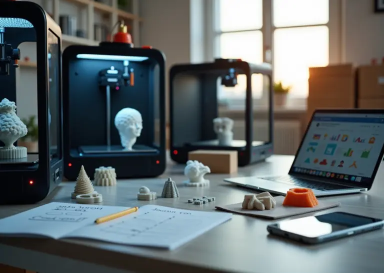 Интерьер студии 3D‑печати: принтеры, напечатанные детали, ноутбук с соцсетями и заметки с контент‑планом