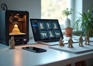 Рабочее место малого бизнеса на 3D‑принтере ноутбук с витриной 3D‑моделей и свежие отпечатанные фигурки на столе