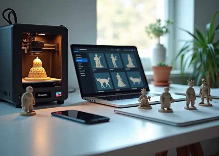 Рабочее место малого бизнеса на 3D‑принтере ноутбук с витриной 3D‑моделей и свежие отпечатанные фигурки на столе