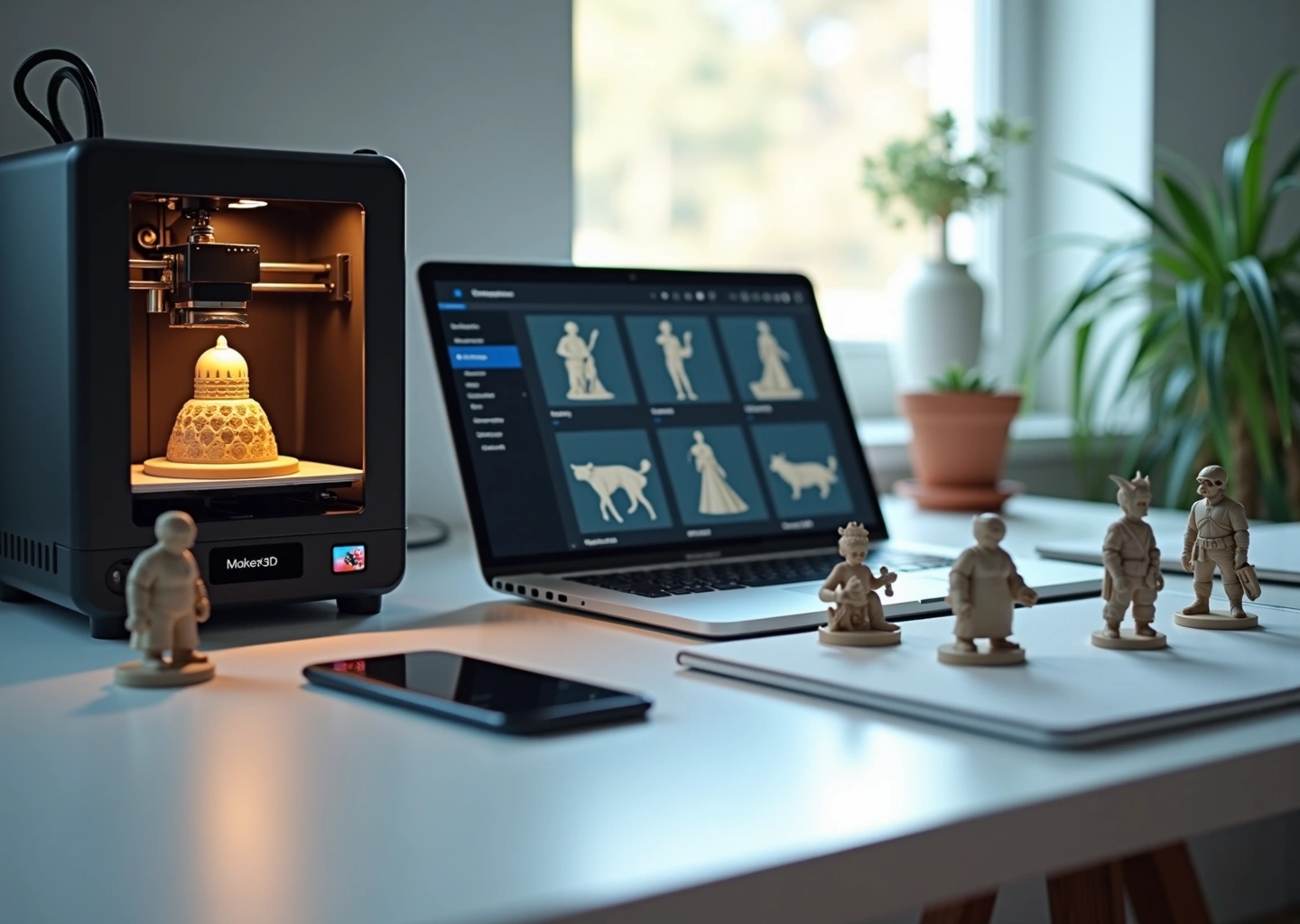 Рабочее место малого бизнеса на 3D‑принтере ноутбук с витриной 3D‑моделей и свежие отпечатанные фигурки на столе