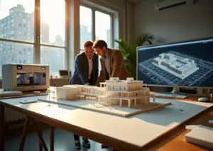 Детализированный 3D‑напечатанный архитектурный макет на столе в современной студии с принтером и компьютером на заднем плане