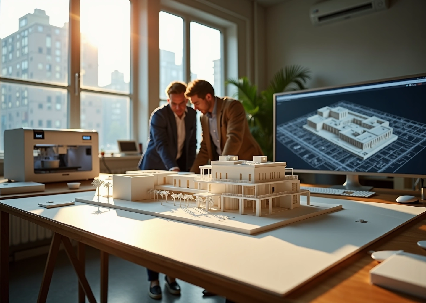 Детализированный 3D‑напечатанный архитектурный макет на столе в современной студии с принтером и компьютером на заднем плане