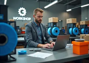 Небольшая мастерская с 3D‑принтерами, готовыми деталями и предпринимателем у ноутбука с заказами и графиками