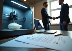 Мастерская с 3D‑принтером, ноутбуком с CAD и подписанным договором на столе — символ сотрудничества и юридической защиты