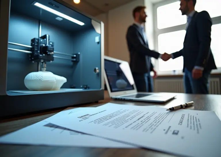 Мастерская с 3D‑принтером, ноутбуком с CAD и подписанным договором на столе — символ сотрудничества и юридической защиты