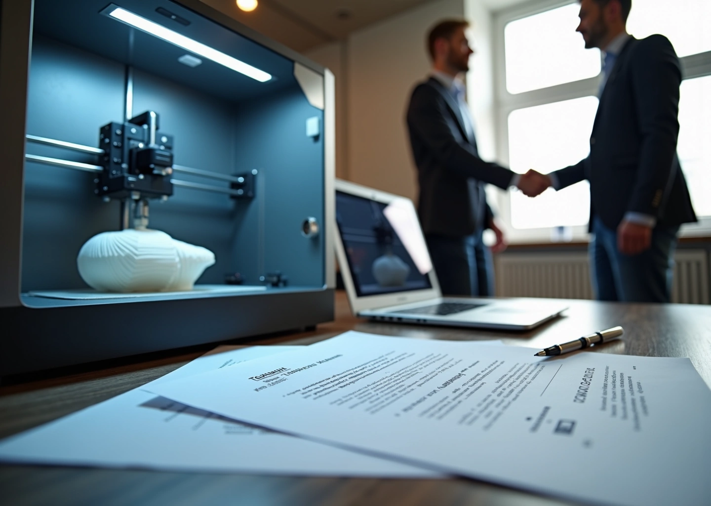 Мастерская с 3D‑принтером, ноутбуком с CAD и подписанным договором на столе — символ сотрудничества и юридической защиты