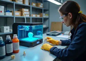 Стенд малого 3D‑производства: ванна SLA‑принтера, бутылки фотополимеров и готовые изделия — ювелирная модель, стоматологическая модель и фигурка на столе