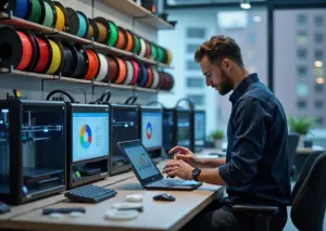 Мастерская малого бизнеса на 3D‑принтерах: принтеры, рулоны филамента, напечатанные детали и экран с графиками экономии